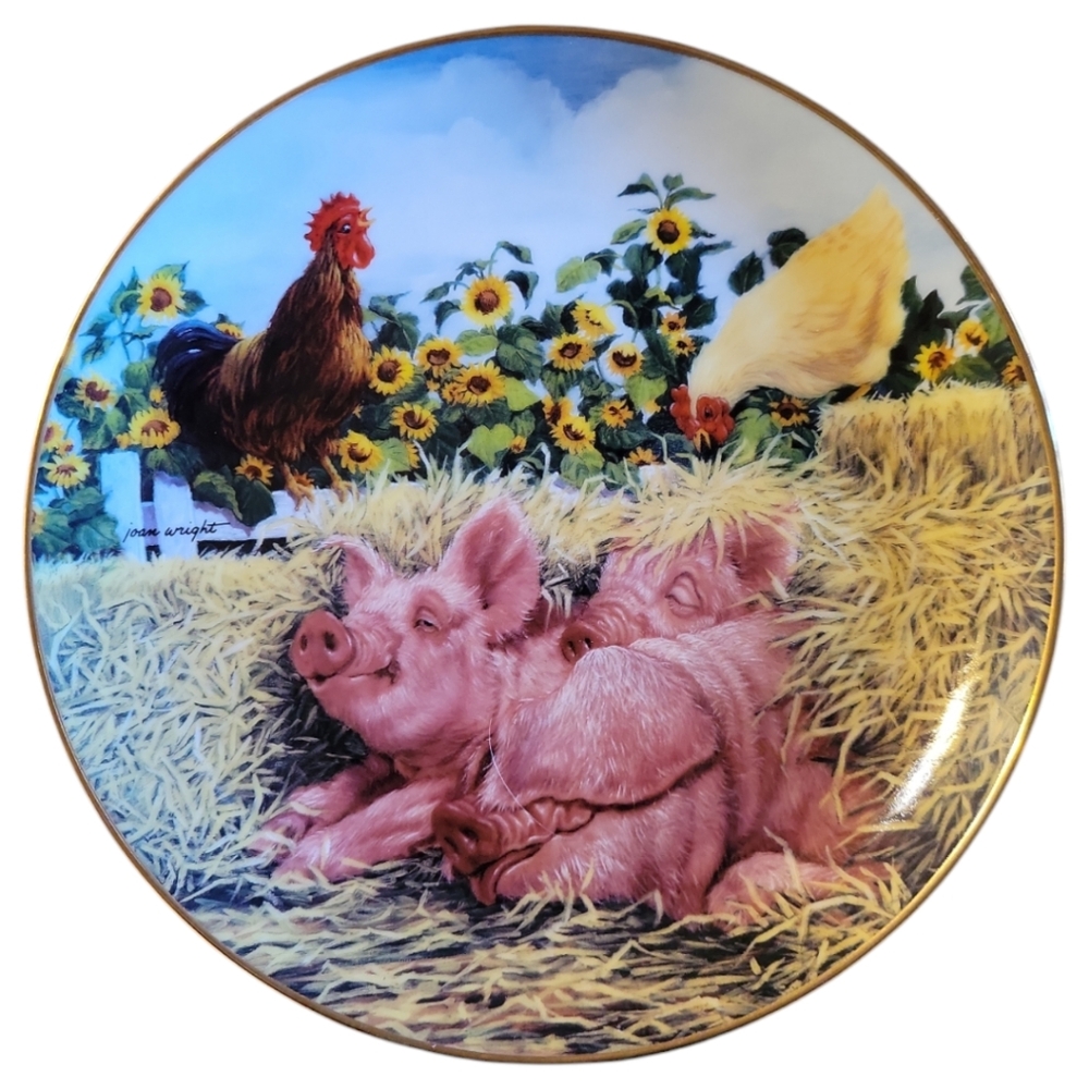 Vtg 97 Snoozing Swine Joan Wright Pigs n Bloom Danbury Mint Collector Plate Gold